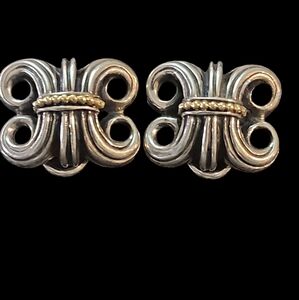 Lagos Sterling Silver 18K Yellow Gold Caviar Wheat Scroll Clip On Earrings